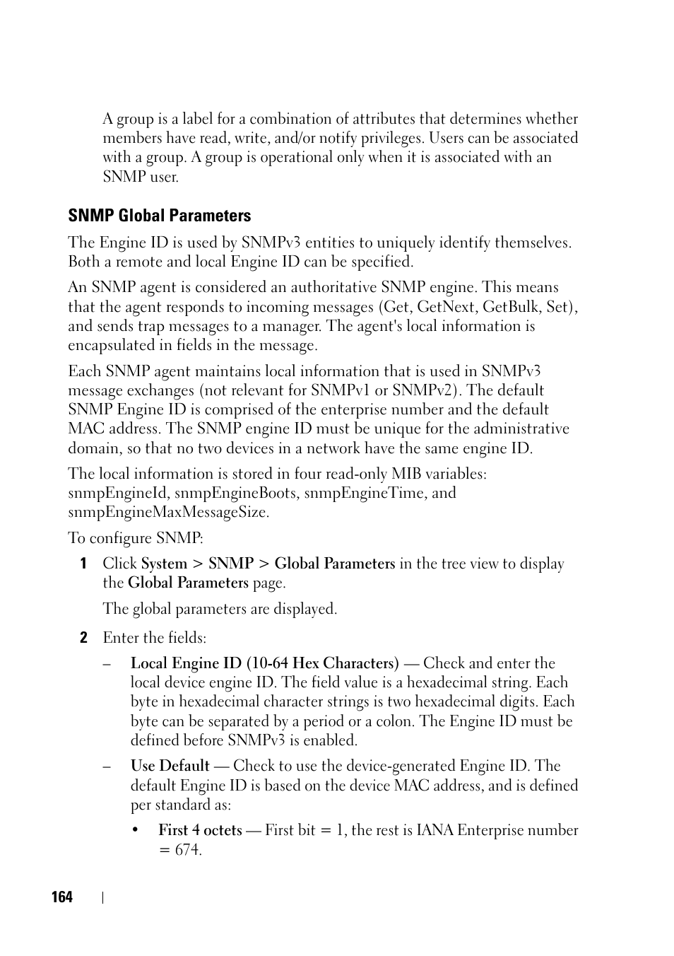 Snmp global parameters | Dell PowerEdge VRTX User Manual | Page 164 / 476