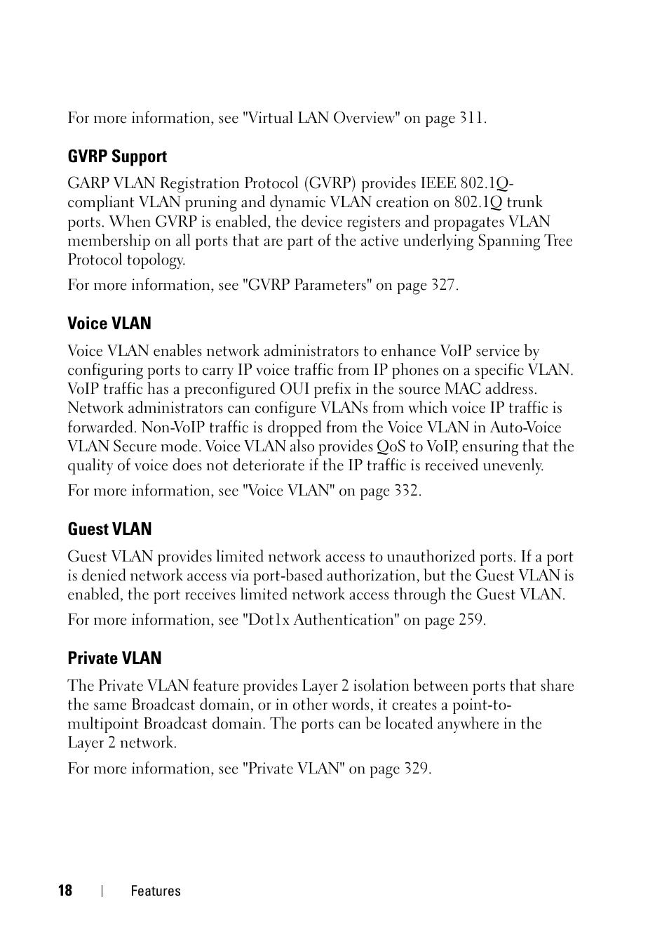 Gvrp support, Voice vlan, Guest vlan | Private vlan | Dell PowerEdge VRTX User Manual | Page 18 / 476