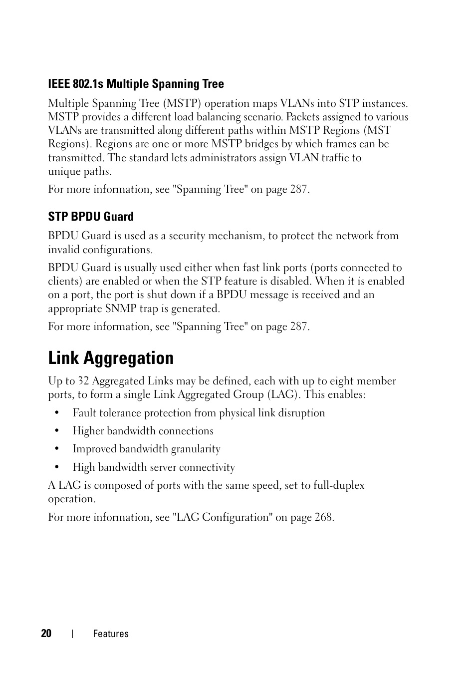 Ieee 802.1s multiple spanning tree, Stp bpdu guard, Link aggregation | Dell PowerEdge VRTX User Manual | Page 20 / 476