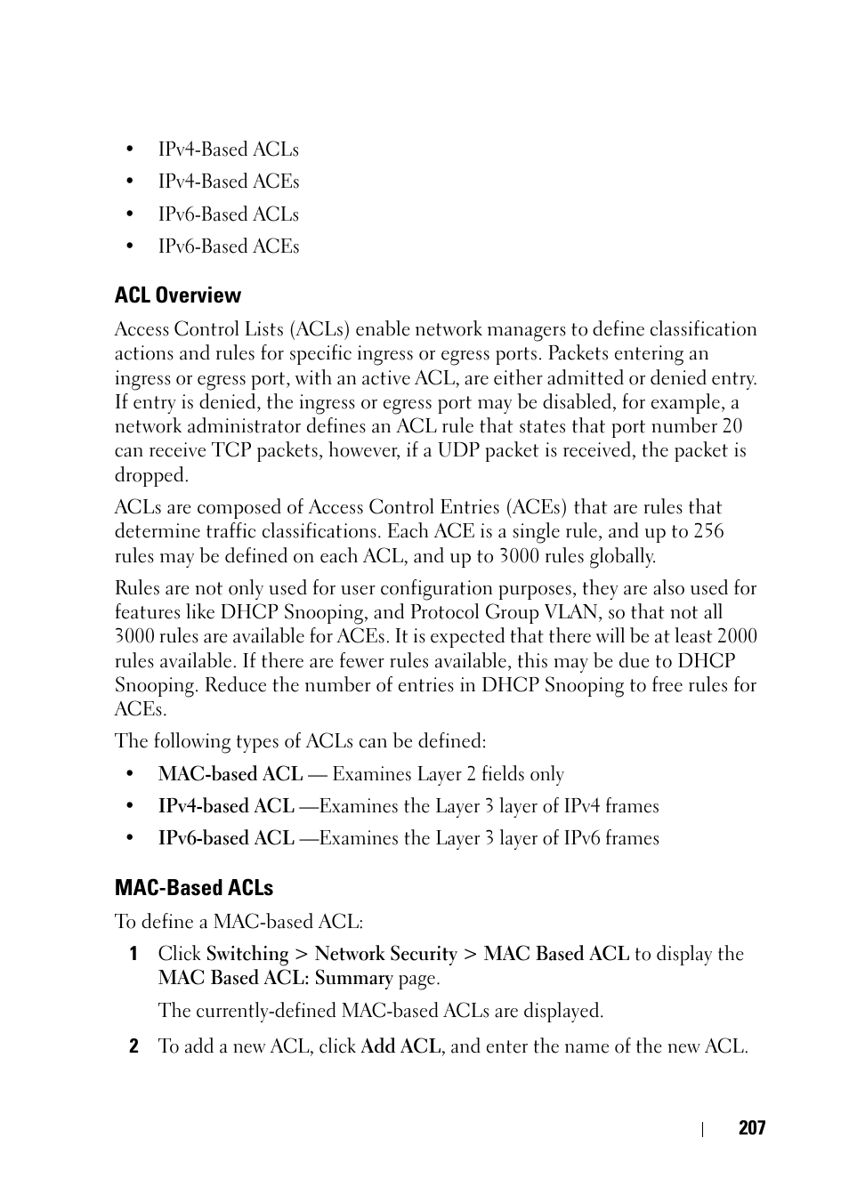 Acl overview, Mac-based acls | Dell PowerEdge VRTX User Manual | Page 207 / 476