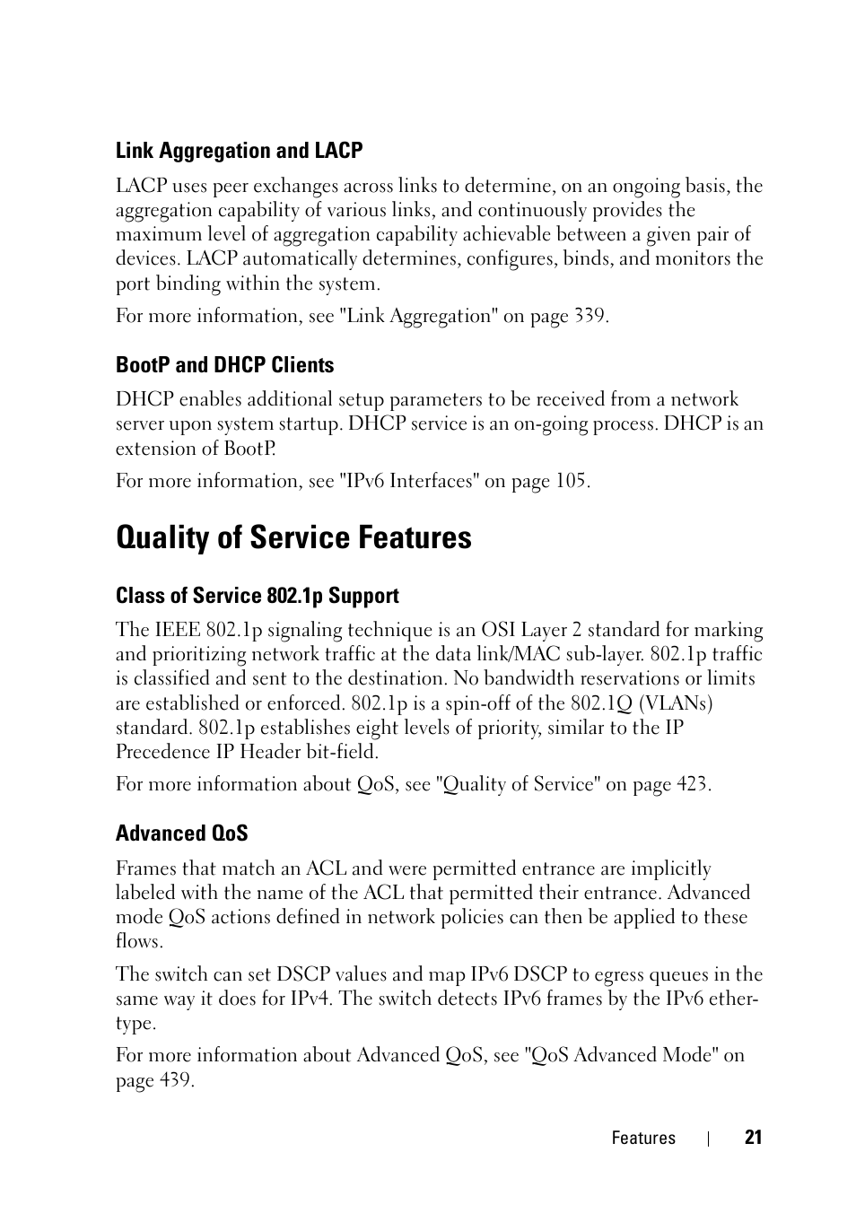 Link aggregation and lacp, Bootp and dhcp clients, Quality of service features | Class of service 802.1p support, Advanced qos | Dell PowerEdge VRTX User Manual | Page 21 / 476