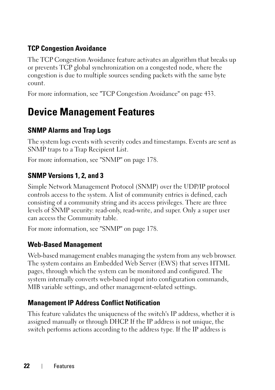 Tcp congestion avoidance, Device management features, Snmp alarms and trap logs | Snmp versions 1, 2, and 3, Web-based management, Management ip address conflict notification | Dell PowerEdge VRTX User Manual | Page 22 / 476