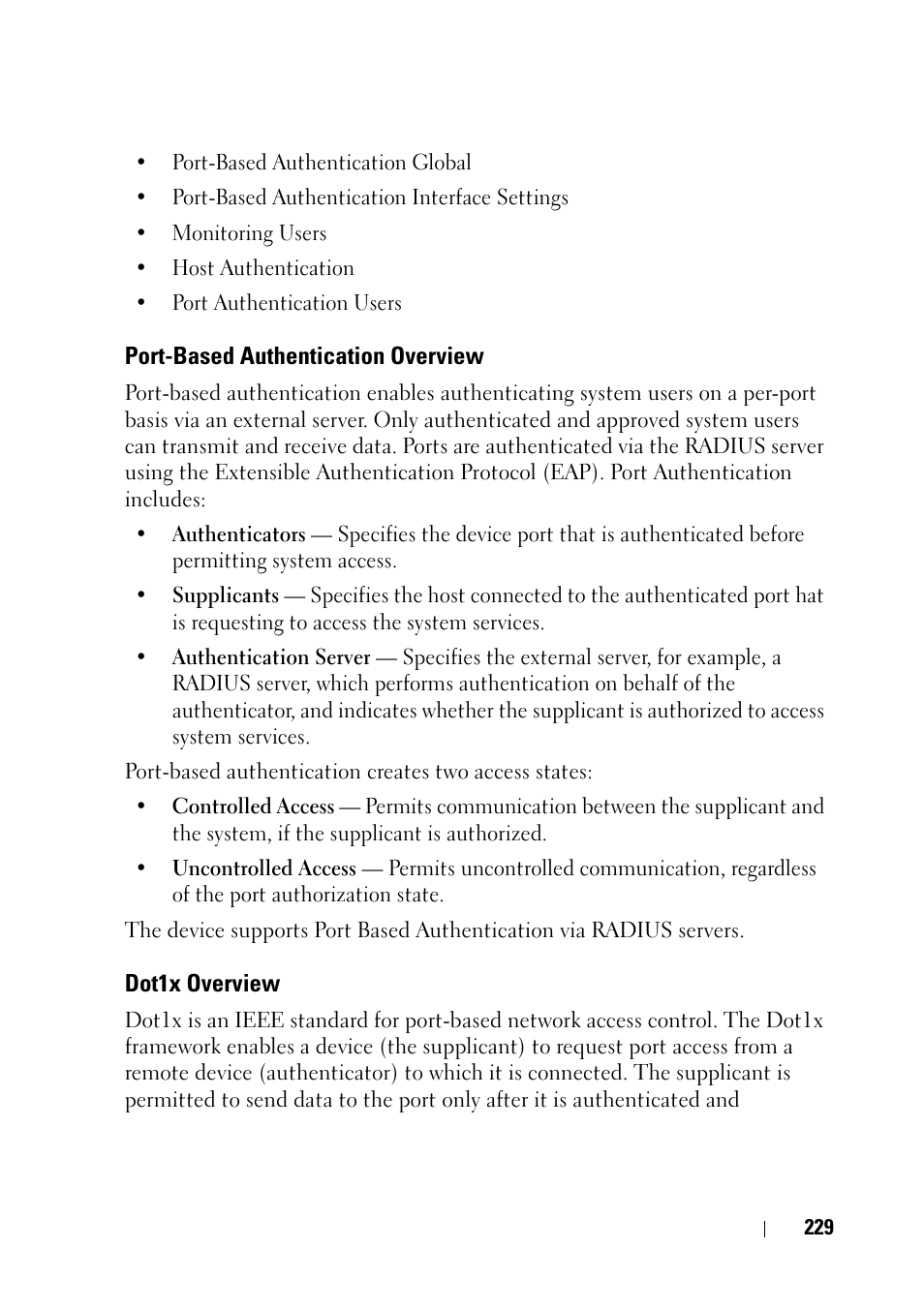 Port-based authentication overview, Dot1x overview | Dell PowerEdge VRTX User Manual | Page 229 / 476