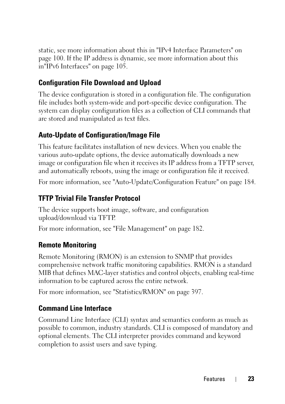 Configuration file download and upload, Auto-update of configuration/image file, Tftp trivial file transfer protocol | Remote monitoring, Command line interface | Dell PowerEdge VRTX User Manual | Page 23 / 476