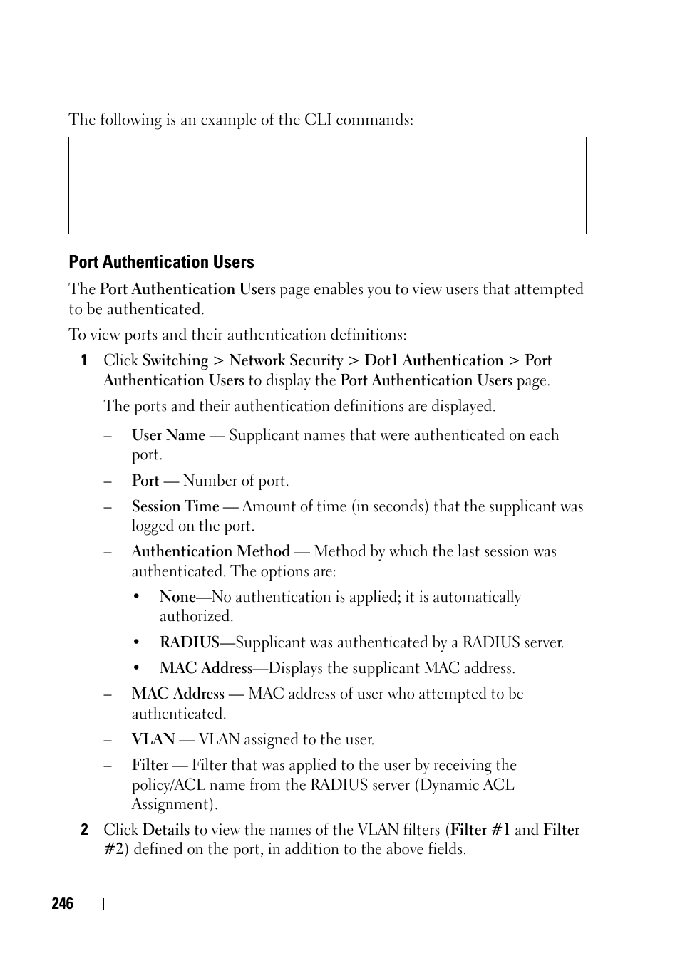 Port authentication users | Dell PowerEdge VRTX User Manual | Page 246 / 476