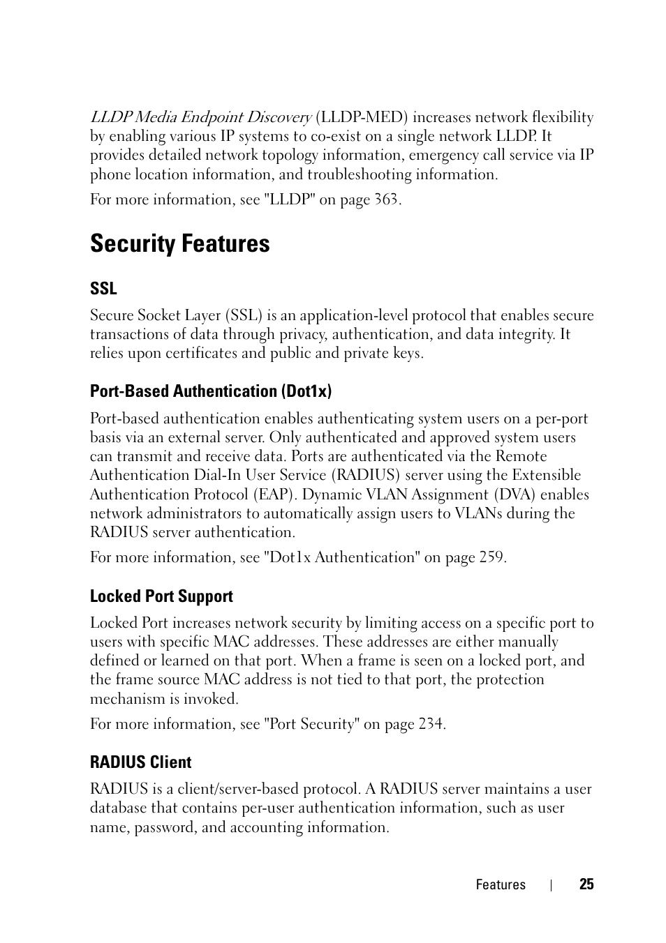Security features, Port-based authentication (dot1x), Locked port support | Radius client | Dell PowerEdge VRTX User Manual | Page 25 / 476