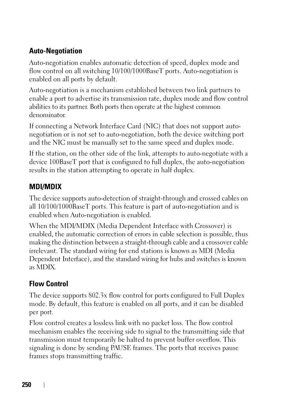 Auto-negotiation, Mdi/mdix, Flow control | Dell PowerEdge VRTX User Manual | Page 250 / 476