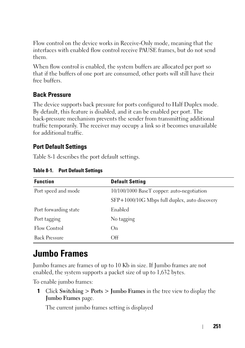 Back pressure, Port default settings, Jumbo frames | Dell PowerEdge VRTX User Manual | Page 251 / 476