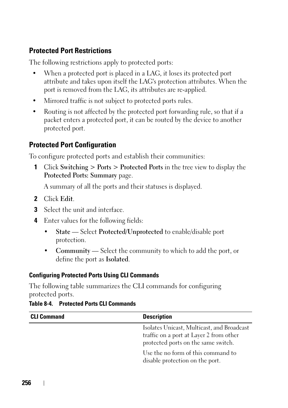 Protected port restrictions, Protected port configuration | Dell PowerEdge VRTX User Manual | Page 256 / 476