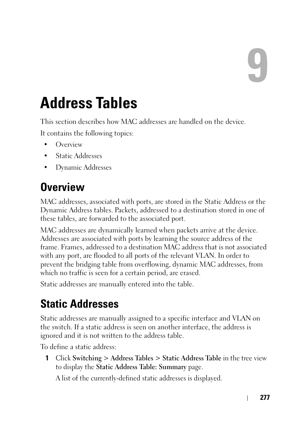 Address tables, Overview, Static addresses | Dell PowerEdge VRTX User Manual | Page 277 / 476
