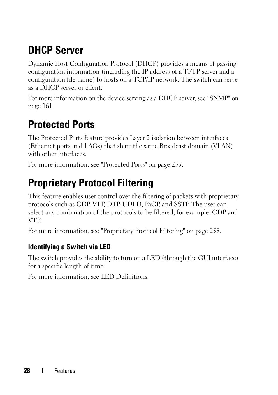 Dhcp server, Protected ports, Proprietary protocol filtering | Identifying a switch via led | Dell PowerEdge VRTX User Manual | Page 28 / 476