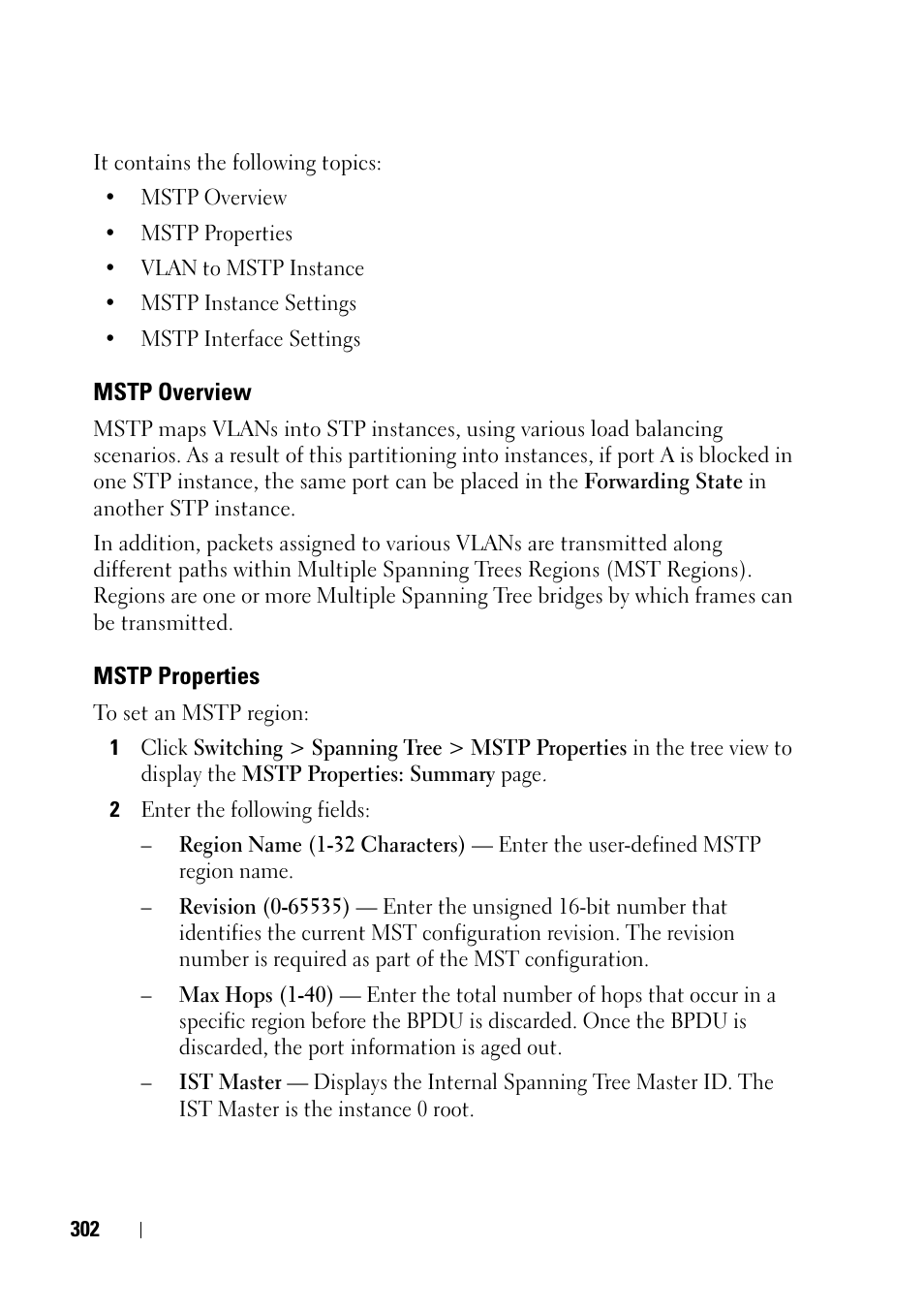Mstp overview, Mstp properties | Dell PowerEdge VRTX User Manual | Page 302 / 476