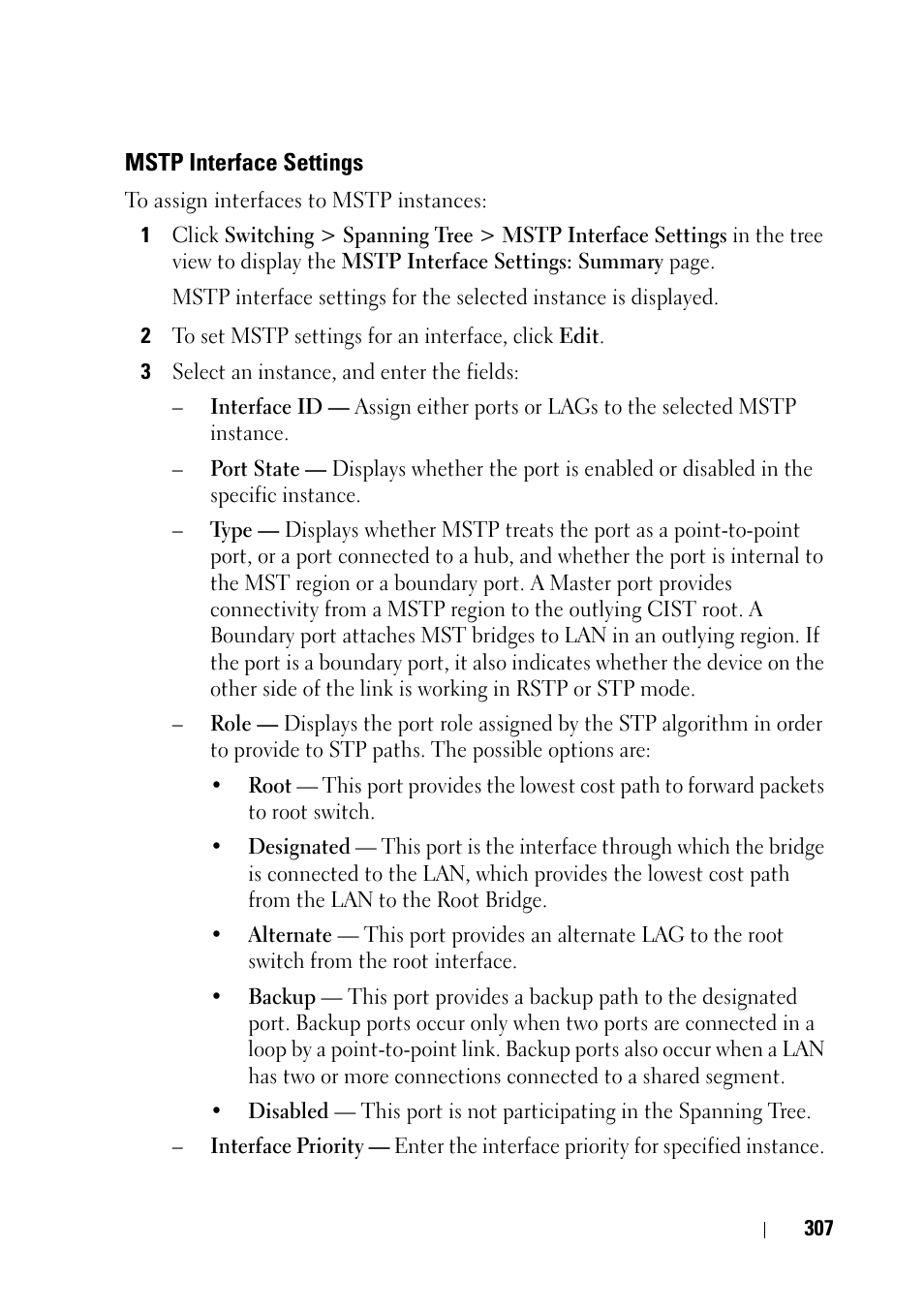 Mstp interface settings | Dell PowerEdge VRTX User Manual | Page 307 / 476