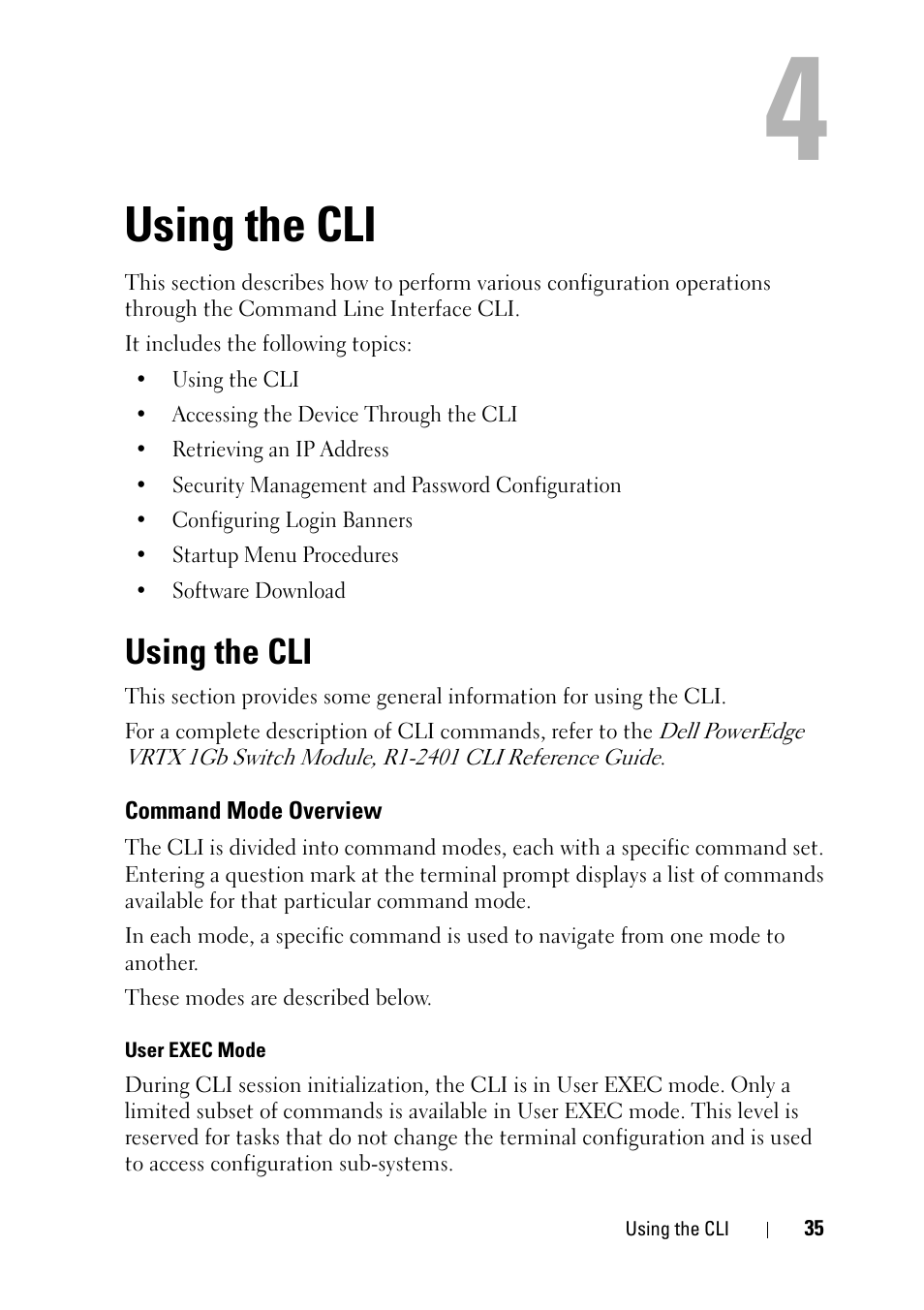 Using the cli, Command mode overview | Dell PowerEdge VRTX User Manual | Page 35 / 476