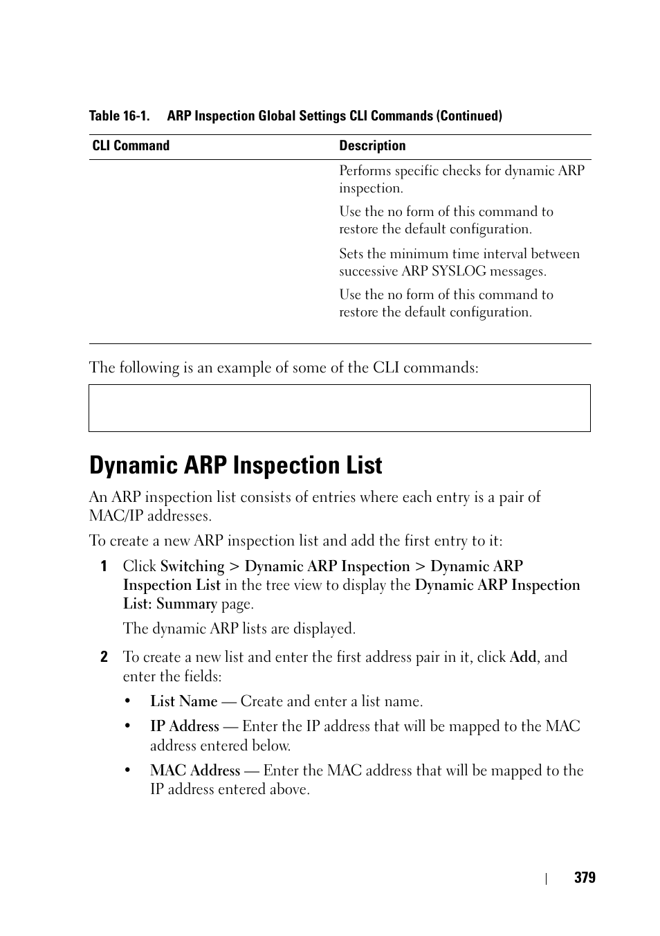 Dynamic arp inspection list | Dell PowerEdge VRTX User Manual | Page 379 / 476