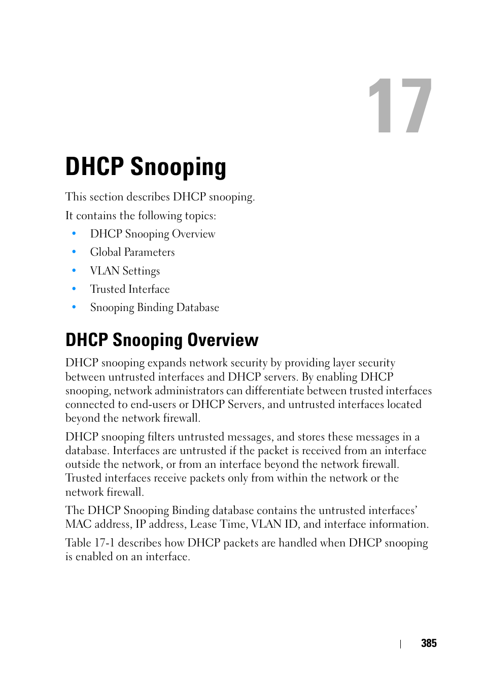 Dhcp snooping, Dhcp snooping overview | Dell PowerEdge VRTX User Manual | Page 385 / 476