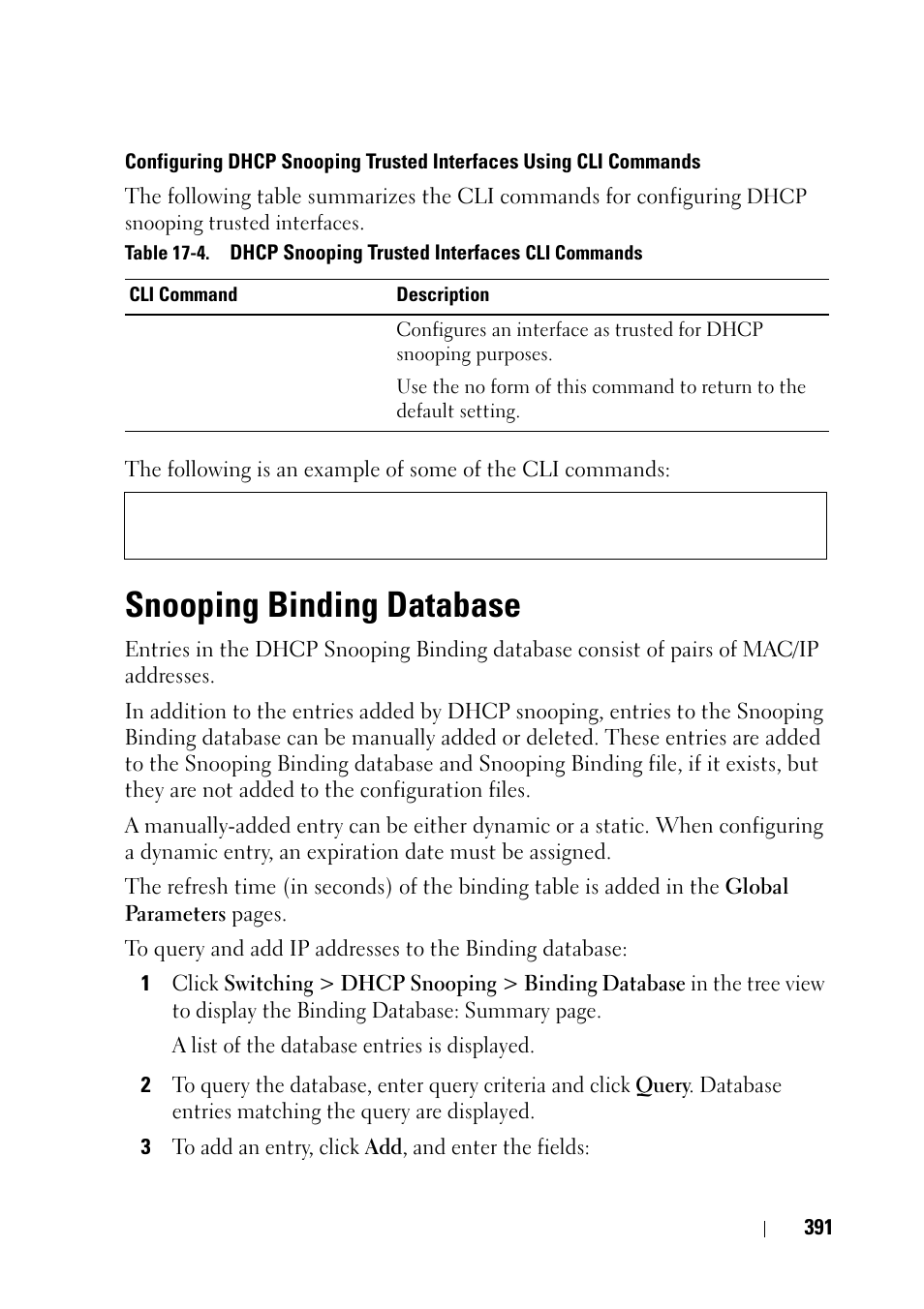 Snooping binding database | Dell PowerEdge VRTX User Manual | Page 391 / 476