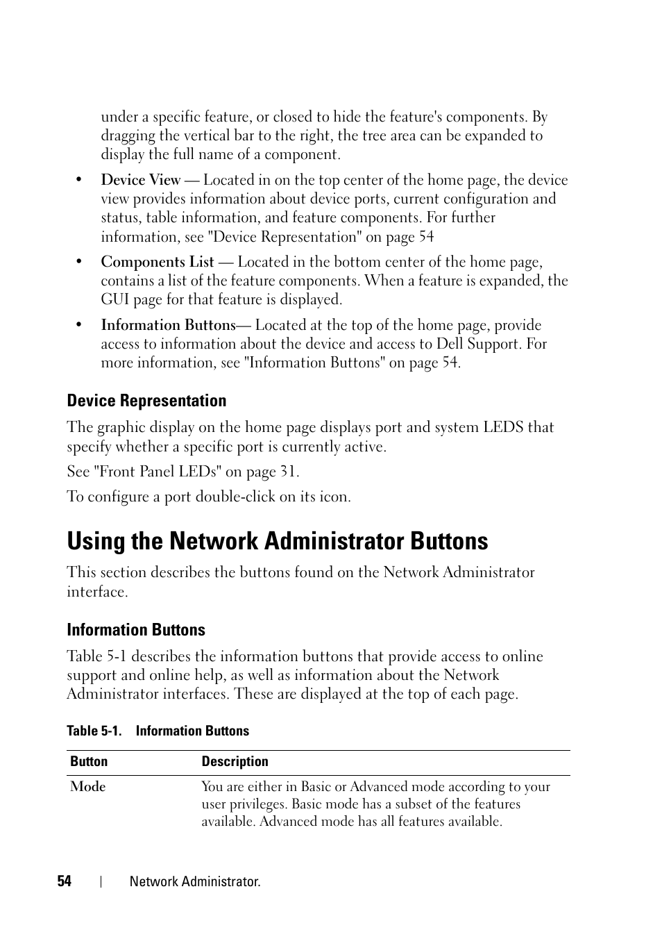 Device representation, Using the network administrator buttons, Information buttons | Dell PowerEdge VRTX User Manual | Page 54 / 476