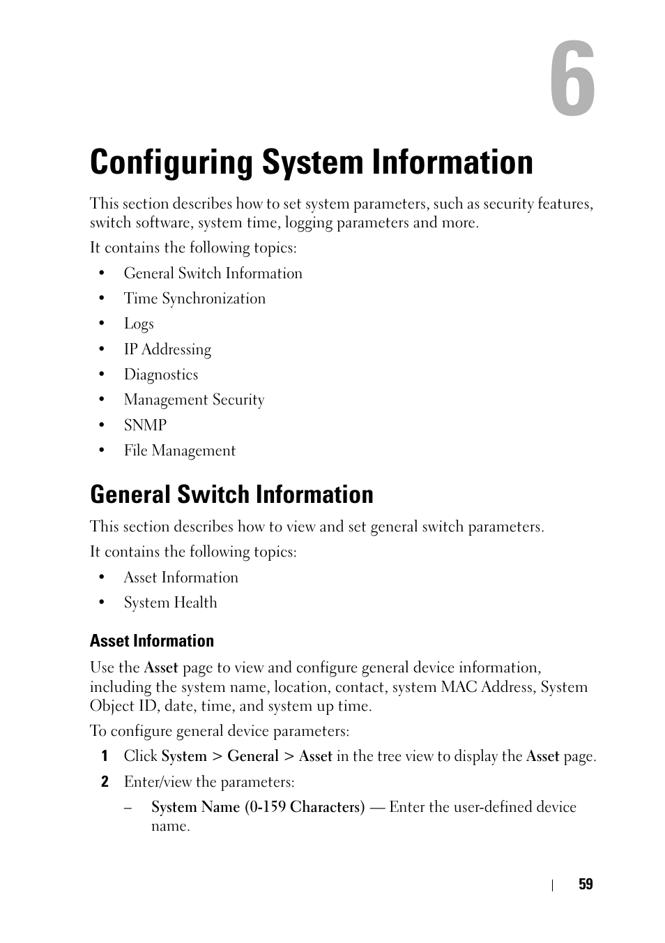 Configuring system information, General switch information, Asset information | Dell PowerEdge VRTX User Manual | Page 59 / 476
