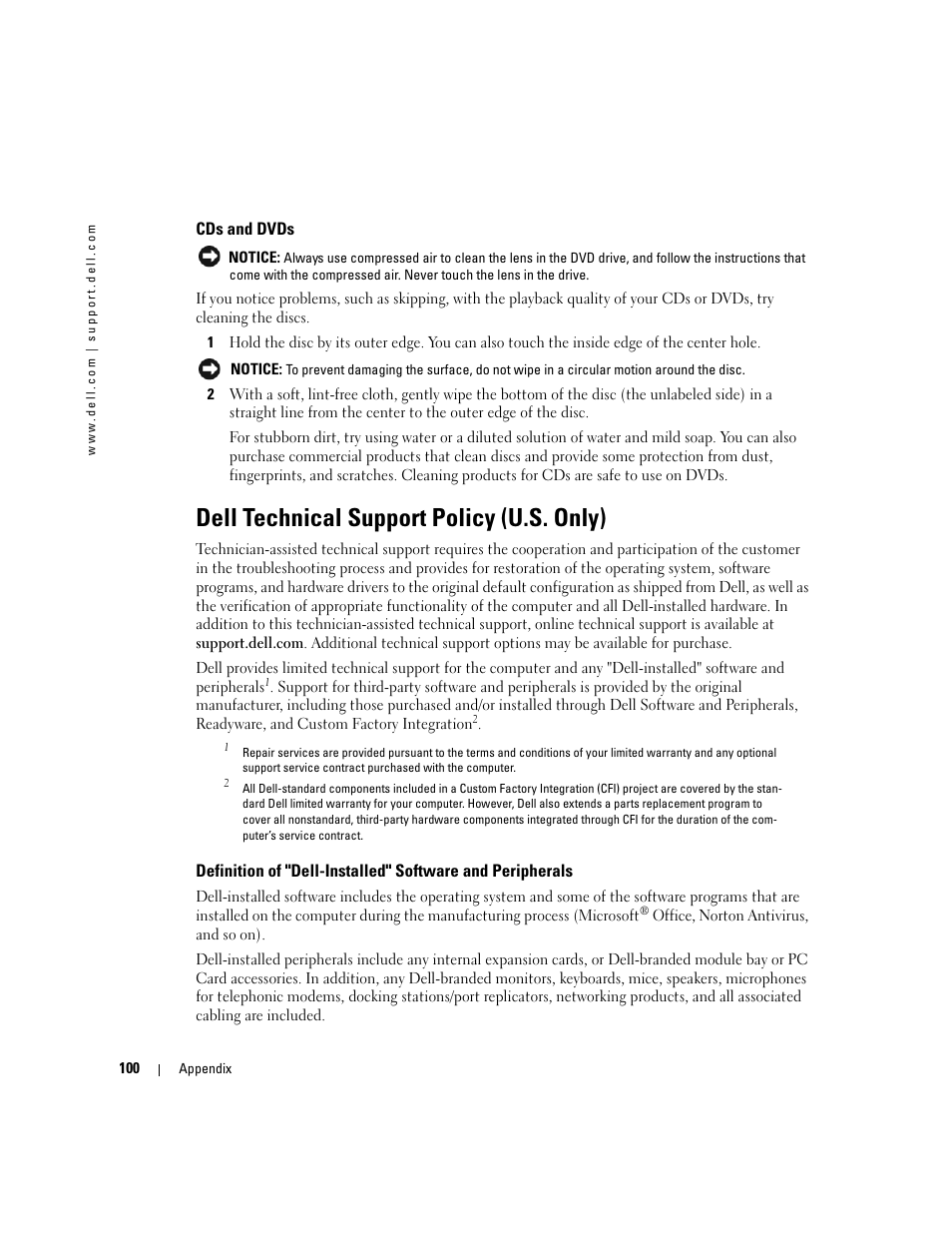 Cds and dvds, Dell technical support policy (u.s. only) | Dell Dimension 3100C User Manual | Page 100 / 134
