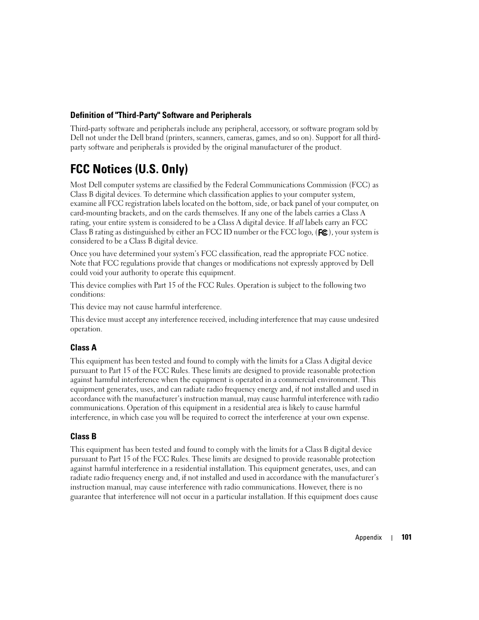 Fcc notices (u.s. only), Class a, Class b | Dell Dimension 3100C User Manual | Page 101 / 134