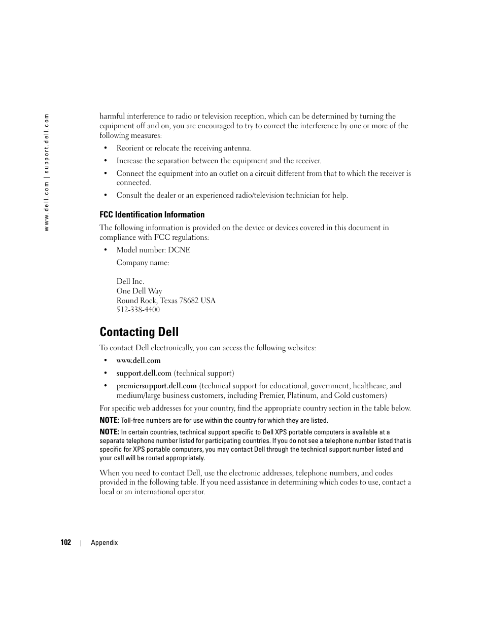 Fcc identification information, Contacting dell, Condition, contact dell (see | Dell Dimension 3100C User Manual | Page 102 / 134