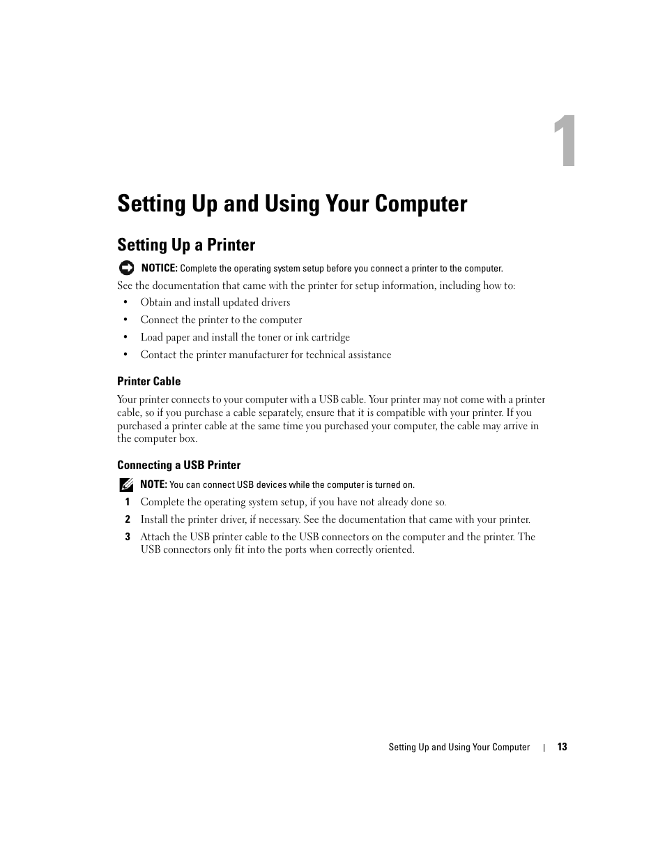 Setting up and using your computer, Setting up a printer, Printer cable | Connecting a usb printer | Dell Dimension 3100C User Manual | Page 13 / 134