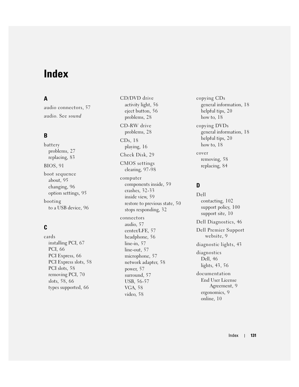 Index | Dell Dimension 3100C User Manual | Page 131 / 134