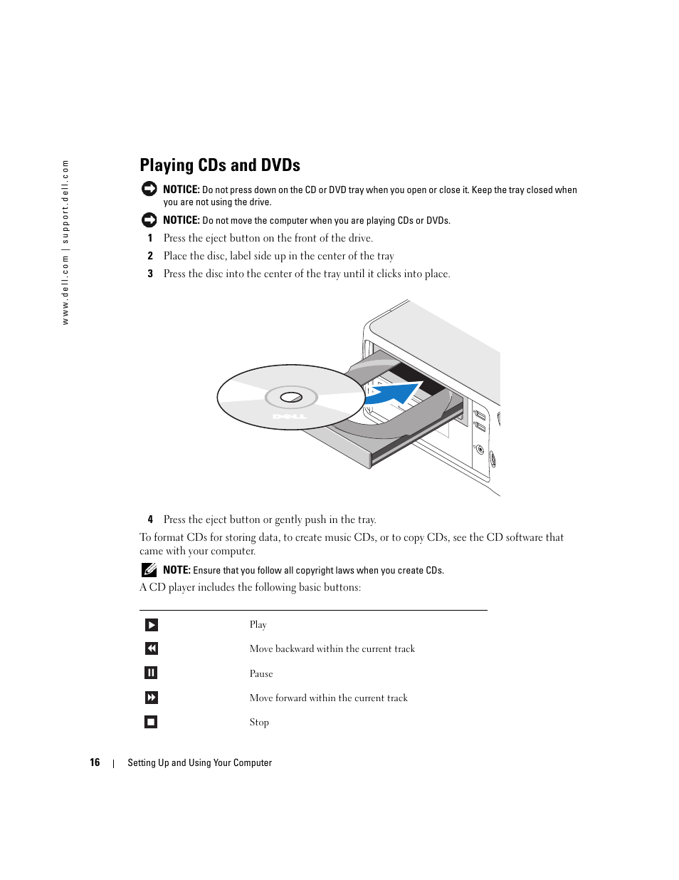 Playing cds and dvds | Dell Dimension 3100C User Manual | Page 16 / 134