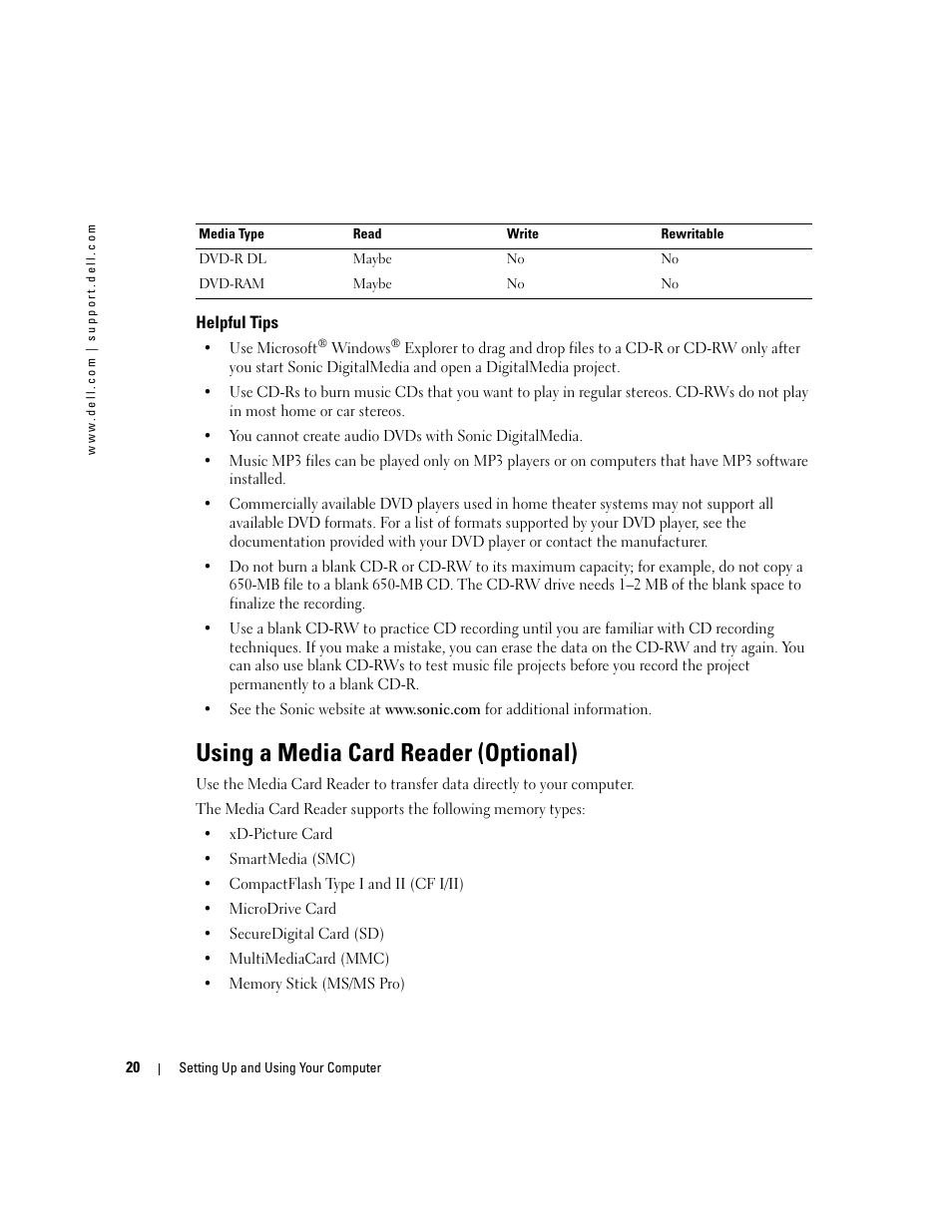 Helpful tips, Using a media card reader (optional) | Dell Dimension 3100C User Manual | Page 20 / 134