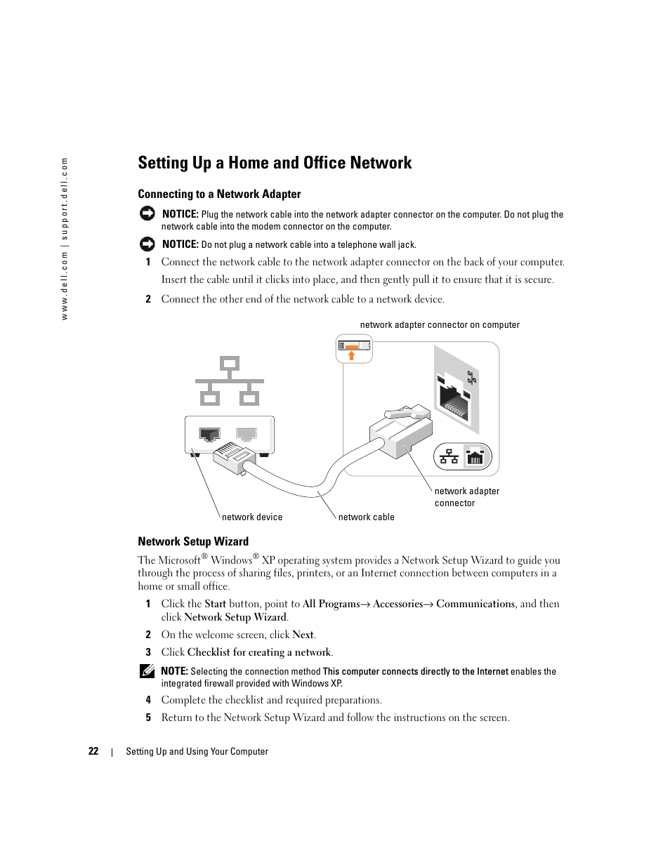 Setting up a home and office network, Connecting to a network adapter, Network setup wizard | Dell Dimension 3100C User Manual | Page 22 / 134