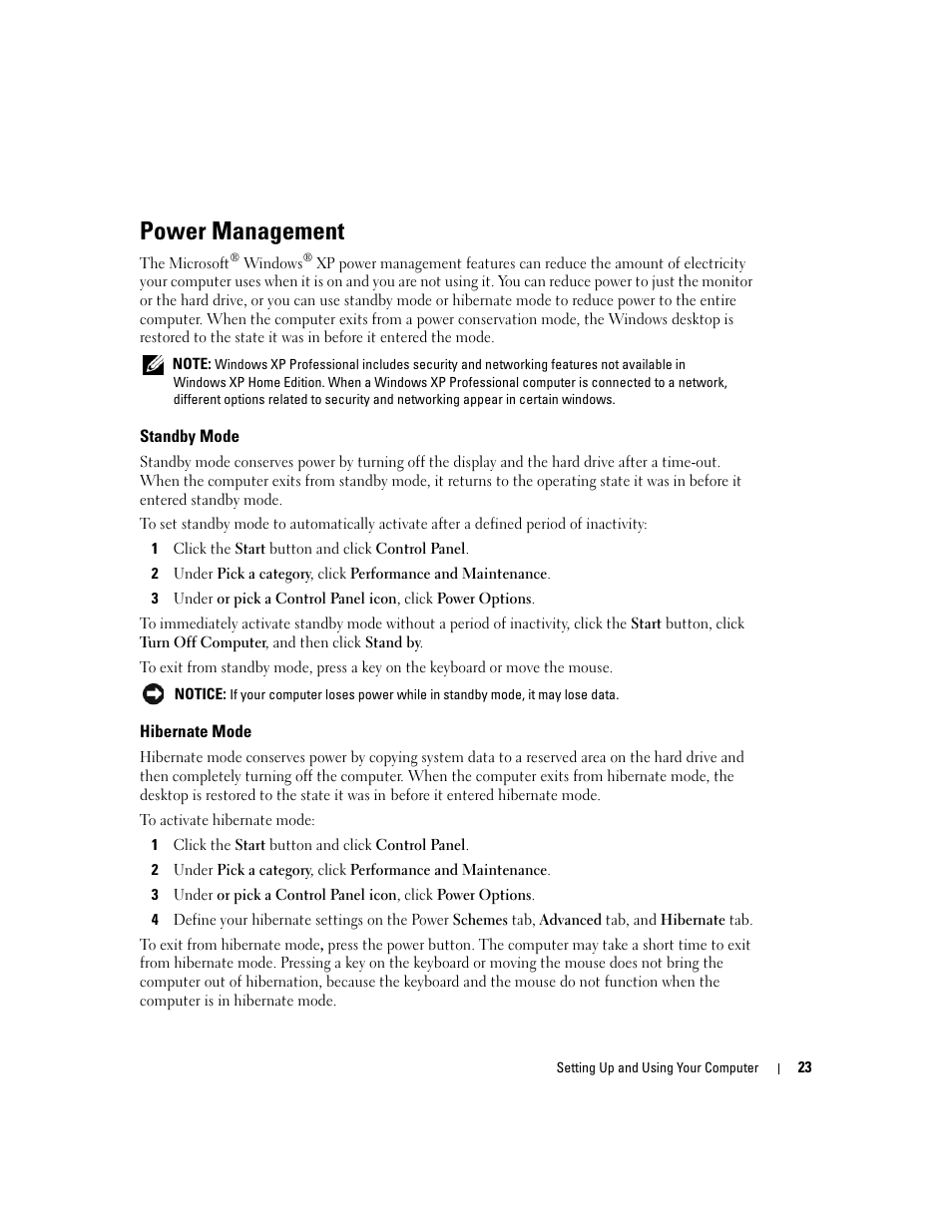 Power management, Standby mode, Hibernate mode | Dell Dimension 3100C User Manual | Page 23 / 134