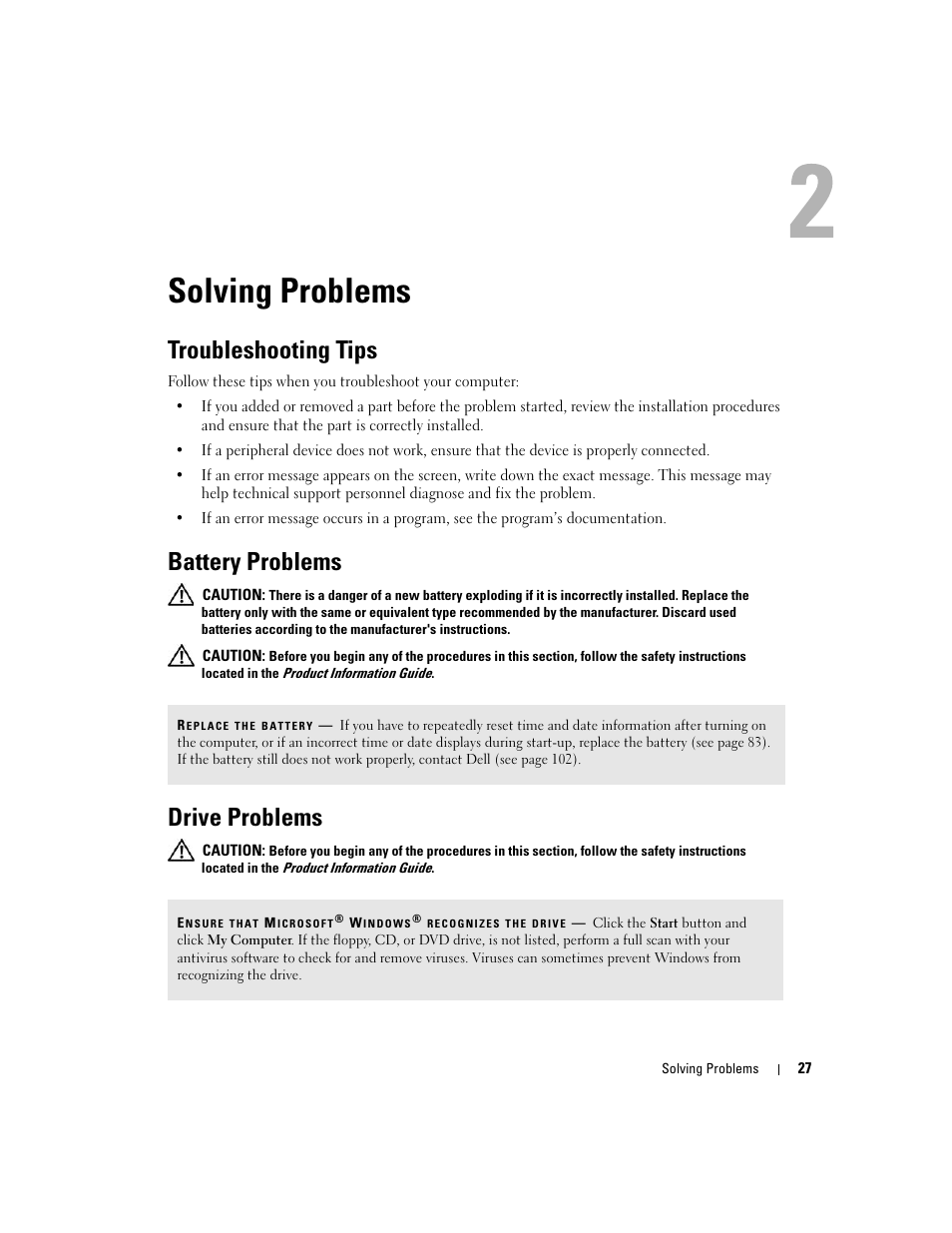 Solving problems, Troubleshooting tips, Battery problems | Drive problems | Dell Dimension 3100C User Manual | Page 27 / 134