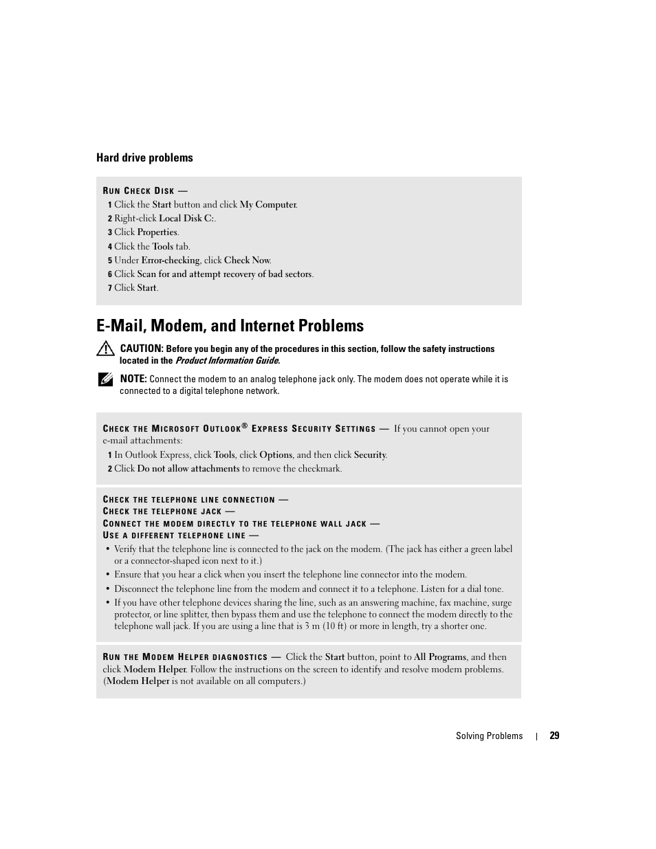 Hard drive problems, E-mail, modem, and internet problems | Dell Dimension 3100C User Manual | Page 29 / 134