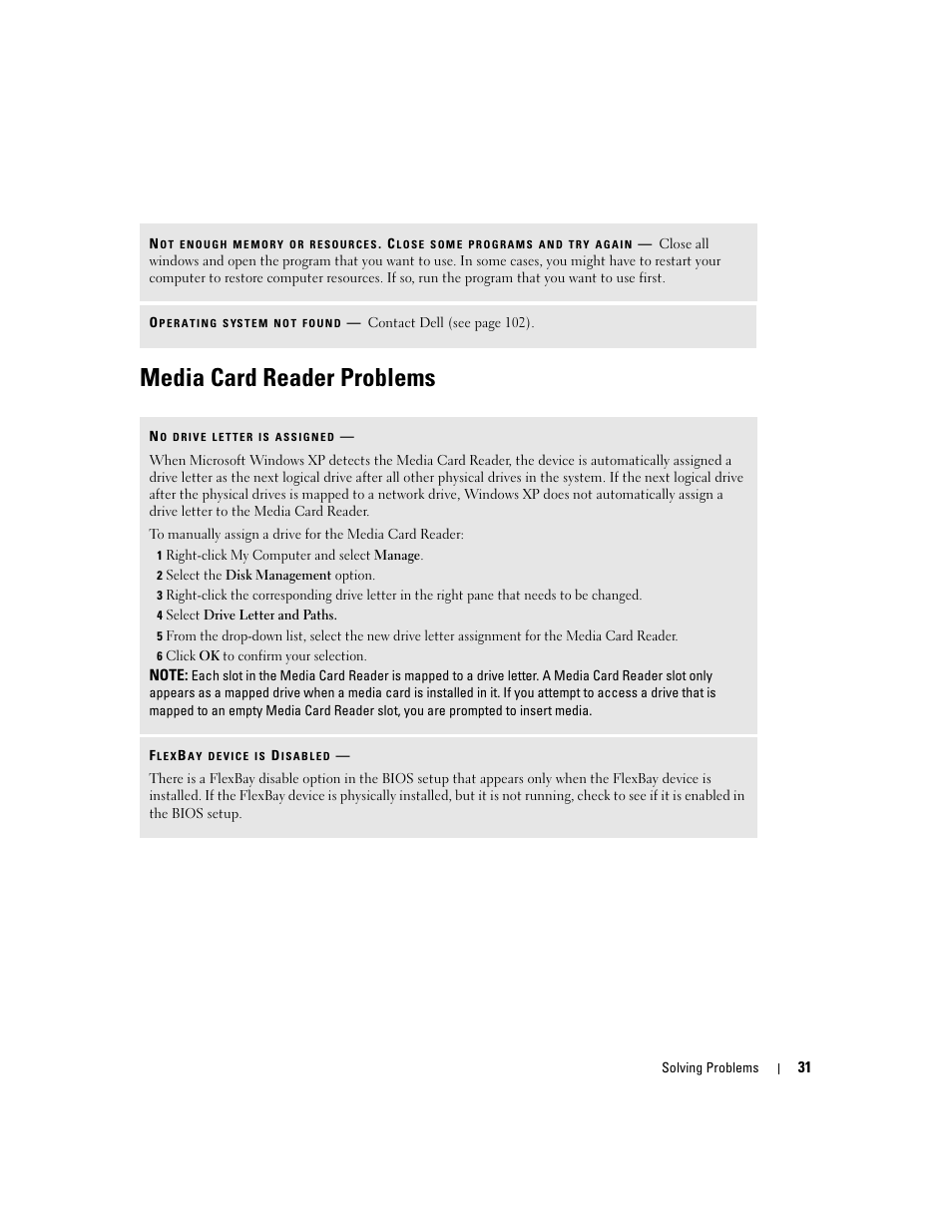 Media card reader problems | Dell Dimension 3100C User Manual | Page 31 / 134