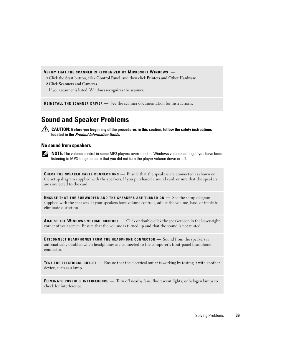 Sound and speaker problems, No sound from speakers | Dell Dimension 3100C User Manual | Page 39 / 134