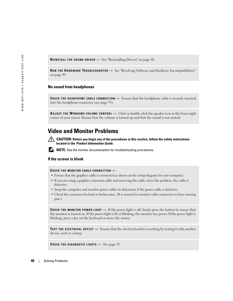No sound from headphones, Video and monitor problems, If the screen is blank | Dell Dimension 3100C User Manual | Page 40 / 134