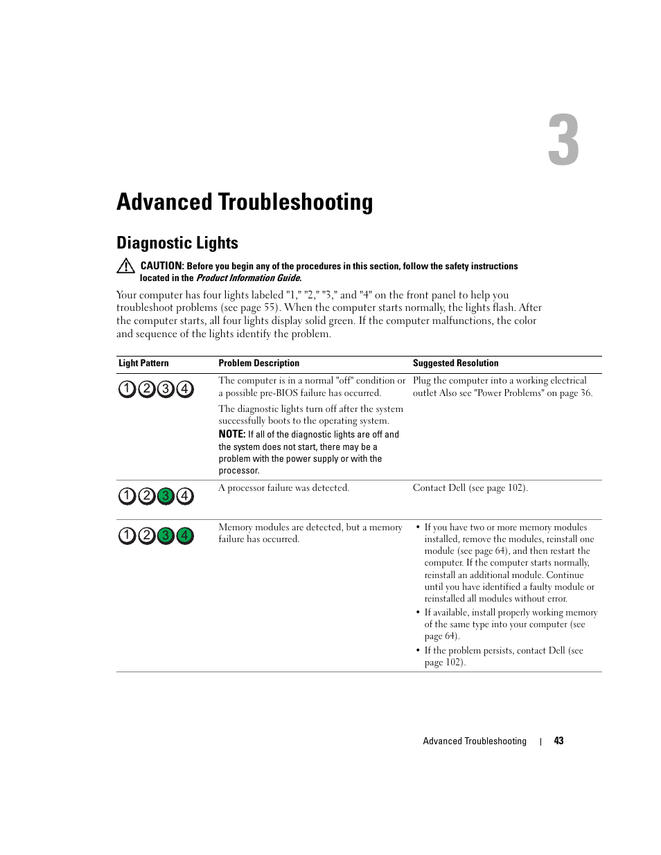 Advanced troubleshooting, Diagnostic lights, See "diagnostic lights | Dell Dimension 3100C User Manual | Page 43 / 134