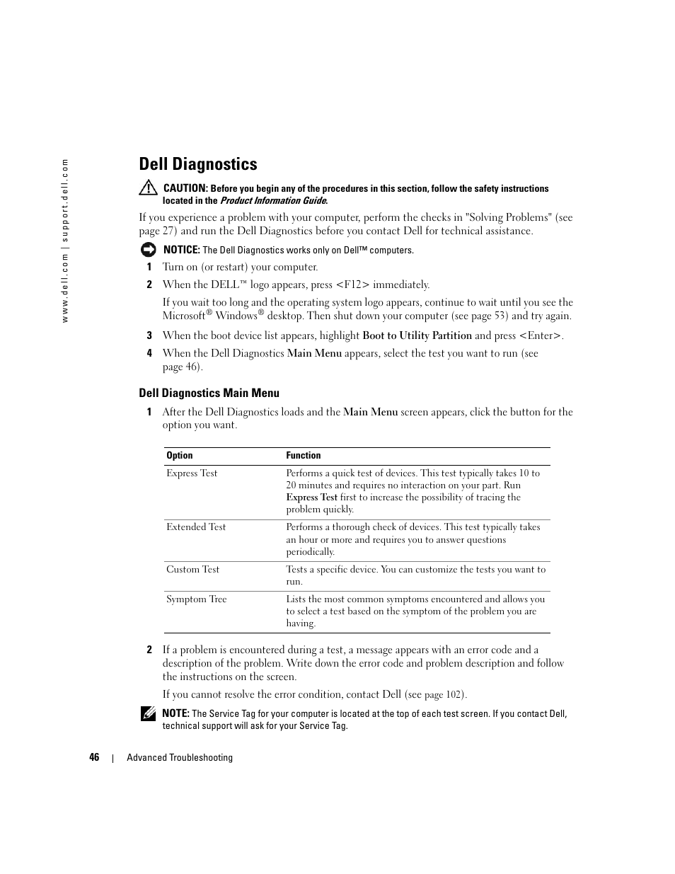 Dell diagnostics, Dell diagnostics main menu | Dell Dimension 3100C User Manual | Page 46 / 134