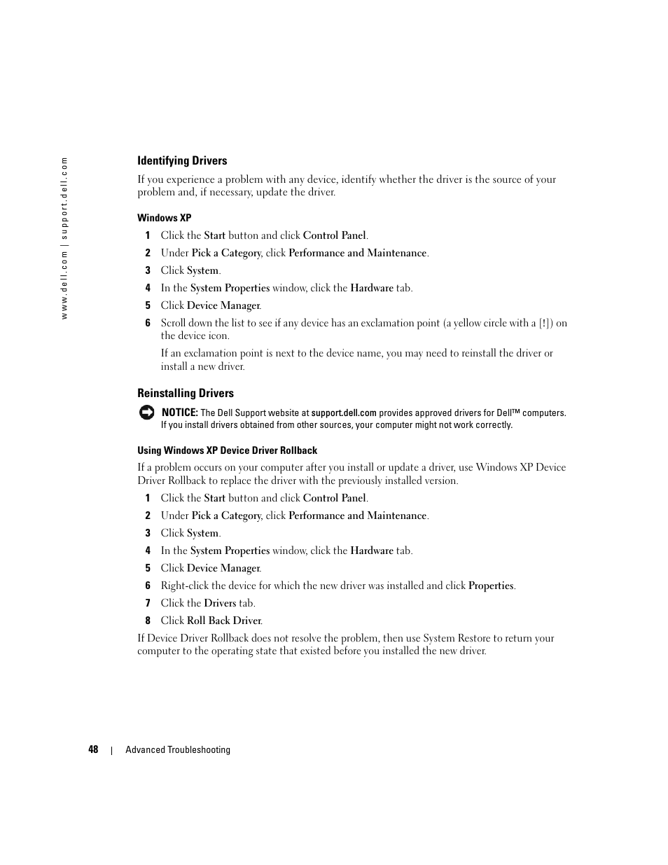 Identifying drivers, Reinstalling drivers | Dell Dimension 3100C User Manual | Page 48 / 134