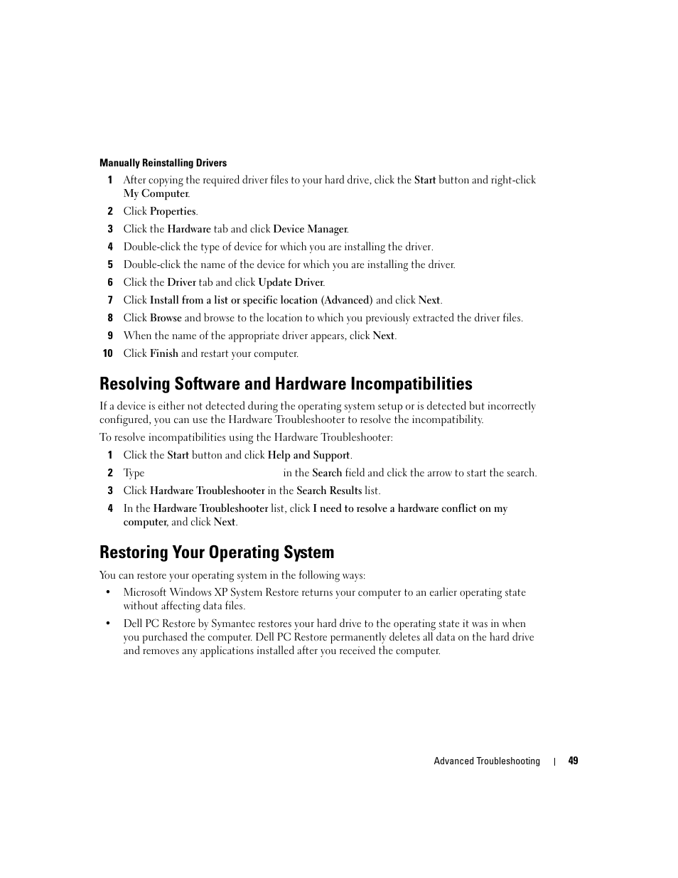 Resolving software and hardware incompatibilities, Restoring your operating system | Dell Dimension 3100C User Manual | Page 49 / 134