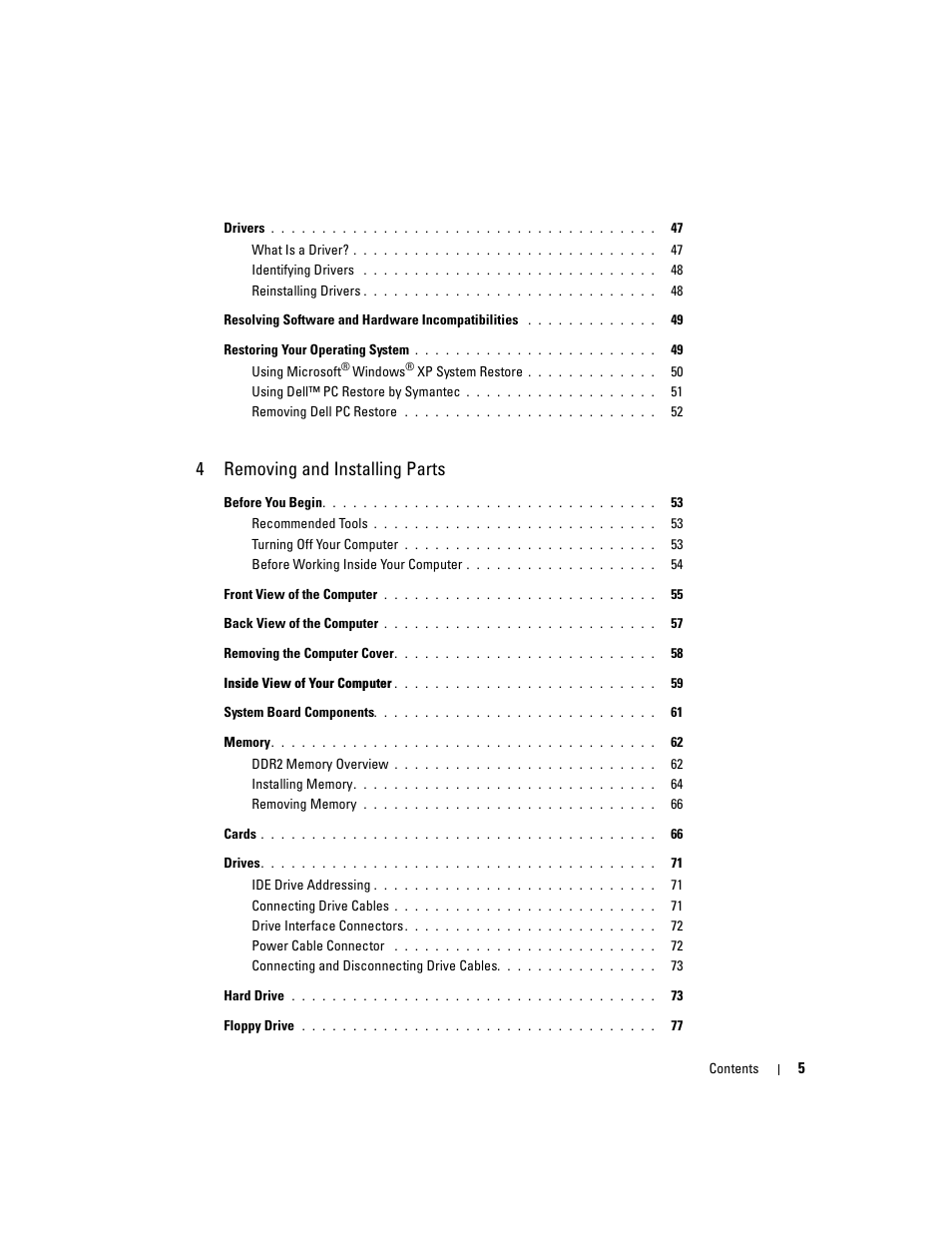 4removing and installing parts | Dell Dimension 3100C User Manual | Page 5 / 134