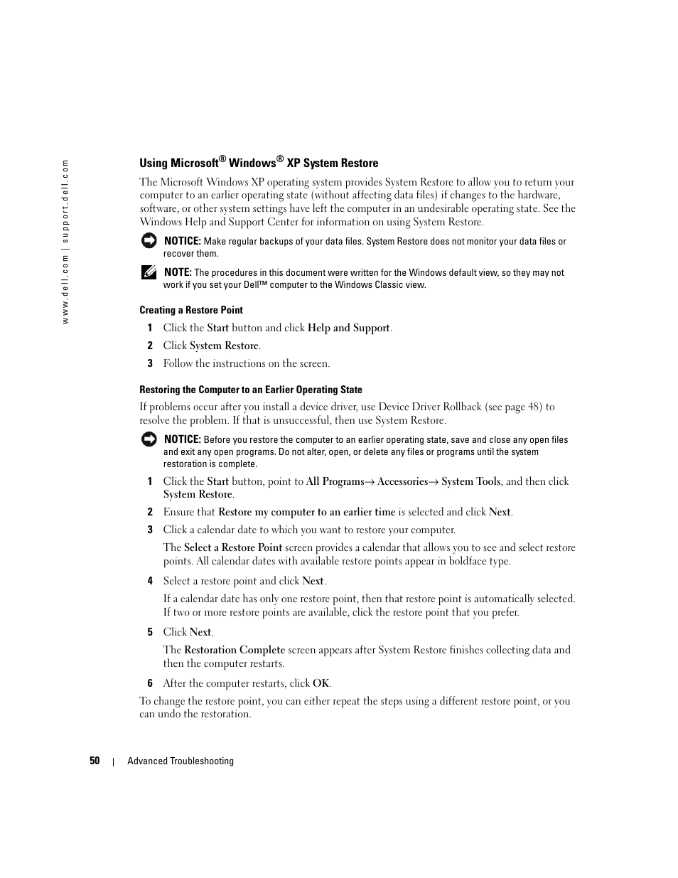 Using microsoft® windows® xp system restore, Using microsoft | Dell Dimension 3100C User Manual | Page 50 / 134