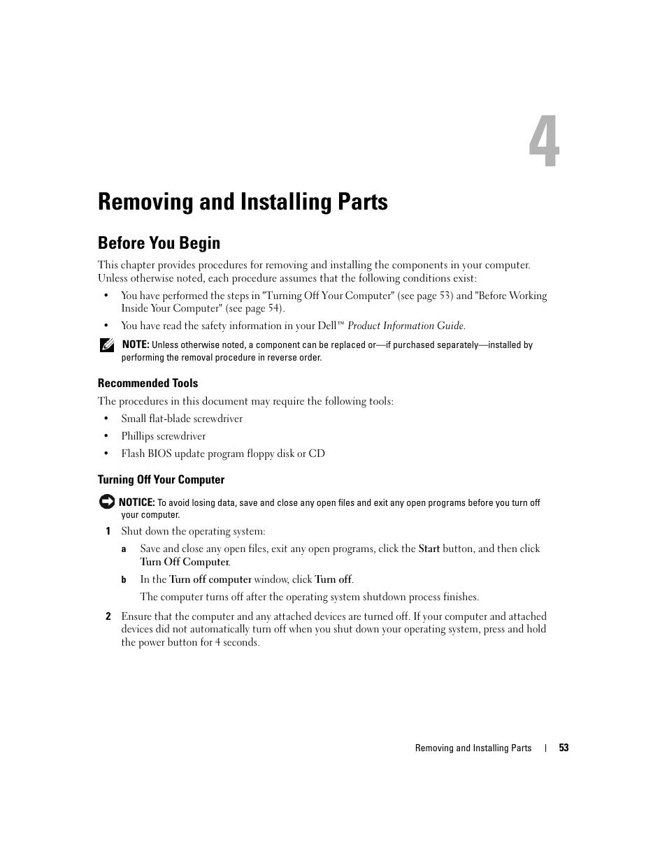 Removing and installing parts, Before you begin, Recommended tools | Turning off your computer | Dell Dimension 3100C User Manual | Page 53 / 134