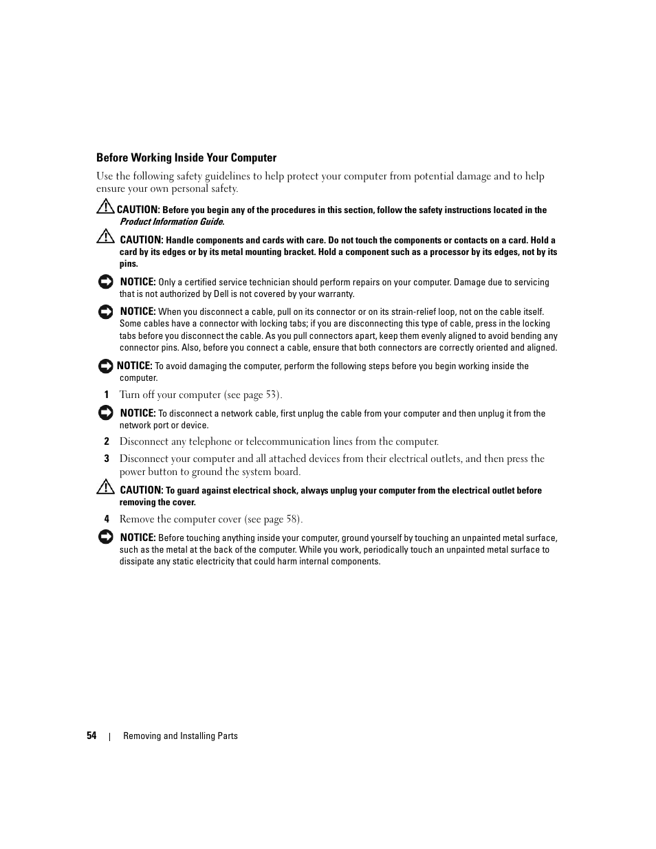 Before working inside your computer | Dell Dimension 3100C User Manual | Page 54 / 134