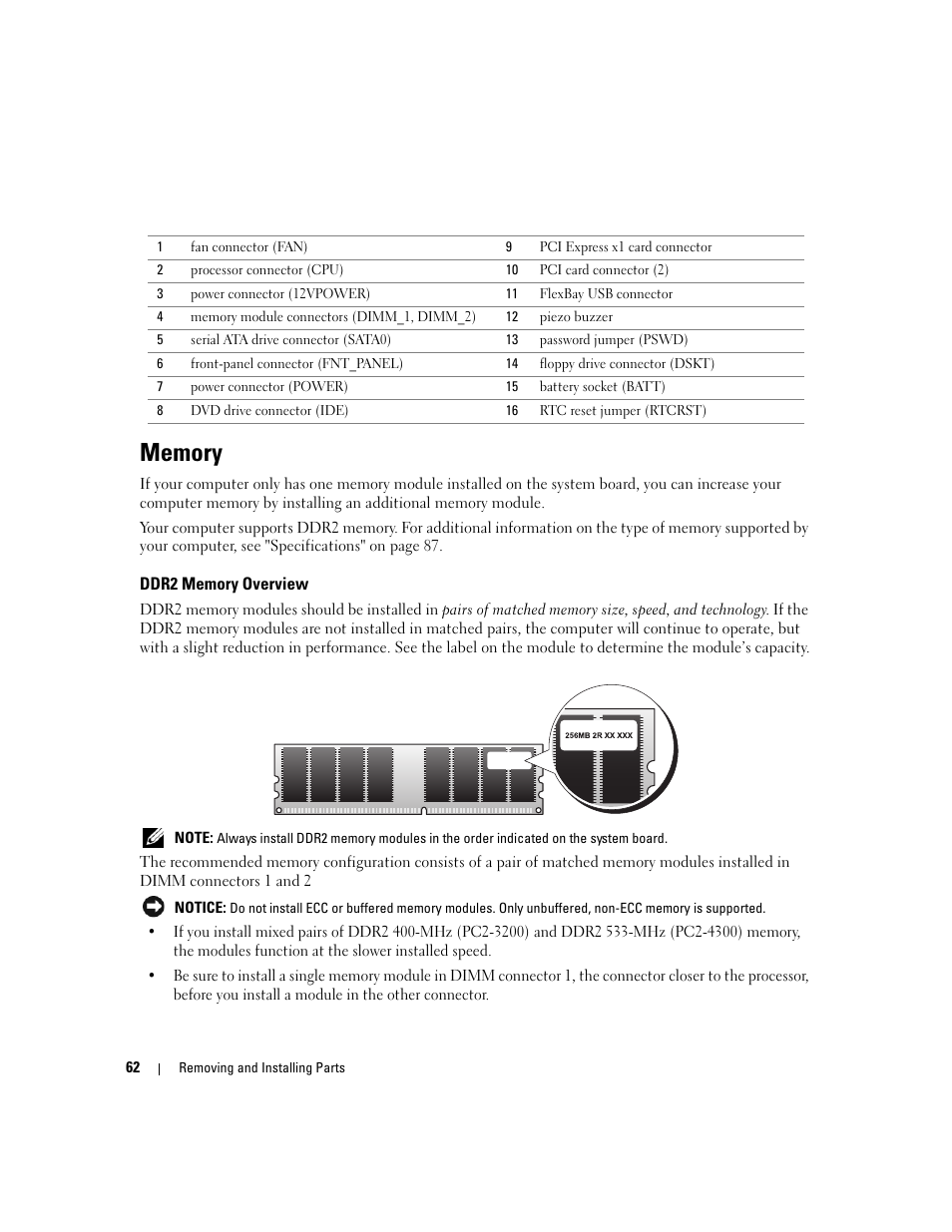Memory, Ddr2 memory overview | Dell Dimension 3100C User Manual | Page 62 / 134