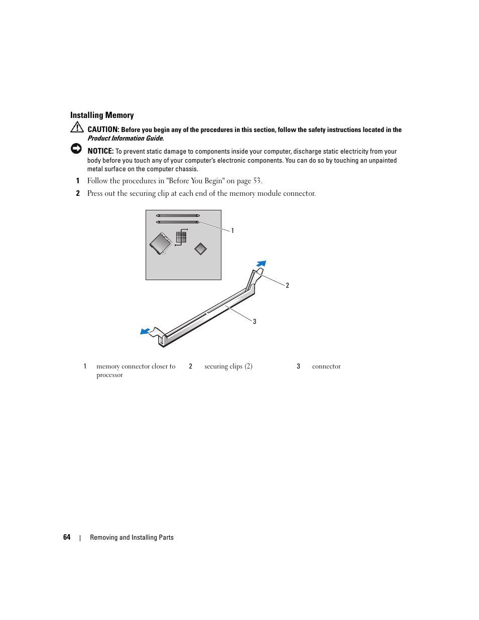 Installing memory | Dell Dimension 3100C User Manual | Page 64 / 134