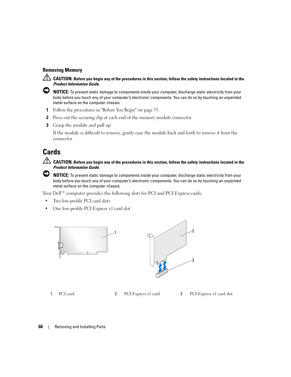 Removing memory, Cards | Dell Dimension 3100C User Manual | Page 66 / 134