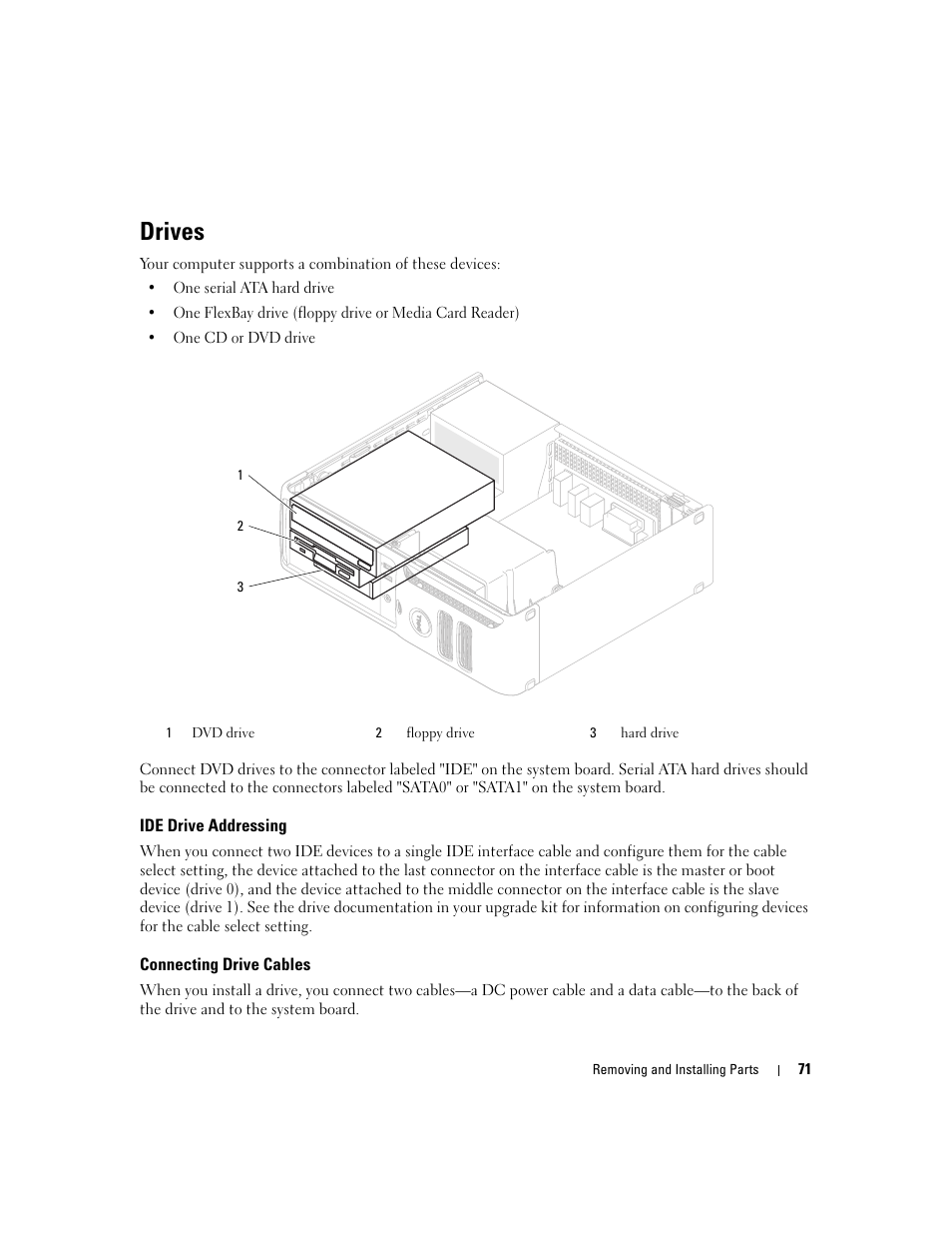 Drives, Ide drive addressing, Connecting drive cables | Dell Dimension 3100C User Manual | Page 71 / 134