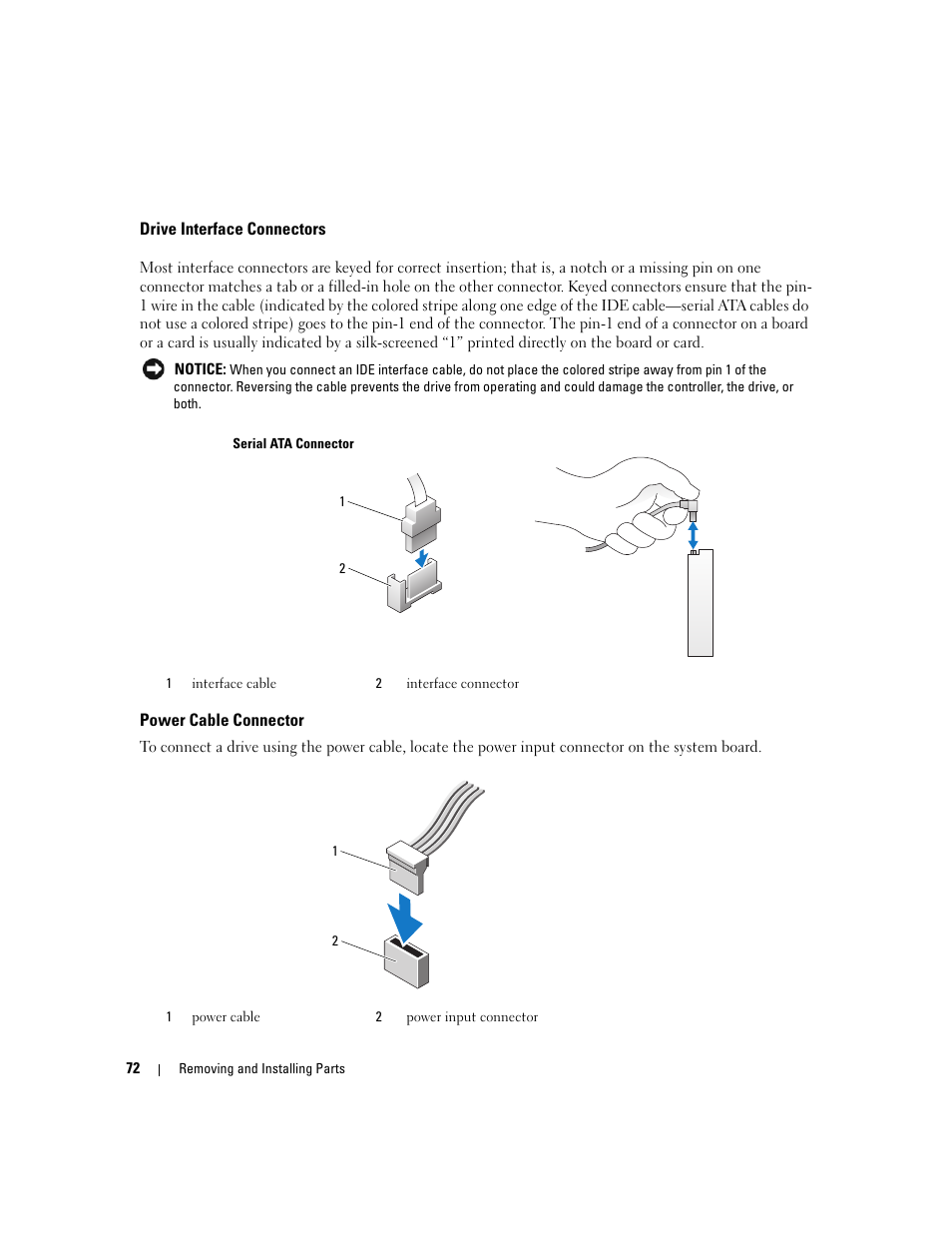 Drive interface connectors, Power cable connector | Dell Dimension 3100C User Manual | Page 72 / 134